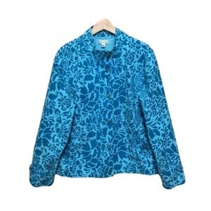 Coldwater Creek turquoise blue floral cotton denim jacket size XL